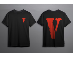 VLONE logo applied through a stencil on a white T-shirt (back and chest views).