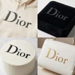Reusable Dior Logo Stencil applied to fabric hoodie, velvet box, fondant cake, and leather purse for DIY luxury crafting.