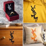 Premium lifestyle collage showing a dripping YSL stencil design painted on a luxury jewelry box, hoodie, wooden drawer, and home decor pillow.