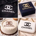 Square collage showing double C logo stencil painted on hoodie, velvet box, cake, and white purse.