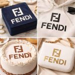 Square lifestyle collage showing Fendi stencil paint design applied on velvet jewelry box, hoodie, cake, and white purse with realistic matte overspray effect.
