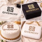 Givenchy luxury lifestyle collage showing monogram logo stencil painted on hoodie, jewelry box, cake, and white purse.