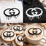 Dripping double G Gucci stencil logo applied to T-shirt, hoodie, iced cookies, and latte in a square lifestyle collage.