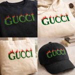 Milky white 10 mil Mylar stencil with flame-style “GUCCI” lettering cut out, displayed on a wooden studio table in a square composition.
