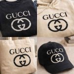 Gucci wordmark and interlocking GG logo painted with a stencil effect on T-shirt, hoodie, tote bag, and cap in a square collage.