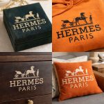 Hermès Paris stencil logo painted on a velvet jewelry box, orange hoodie, wooden drawer, and throw pillow in a square collage.