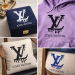 LV drip logo stencil painted on hoodie, pillow, and jewelry box mockups