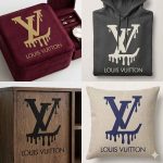 LV drip logo stencil painted on hoodie, pillow, and jewelry box mockups