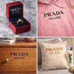 Premium lifestyle collage showing a prada milano stencil design painted on a luxury jewelry box, hoodie, wooden drawer, and home decor pillow.