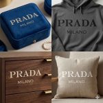 Premium lifestyle collage showing a prada milano stencil design painted on a luxury jewelry box, hoodie, wooden drawer, and home decor pillow.